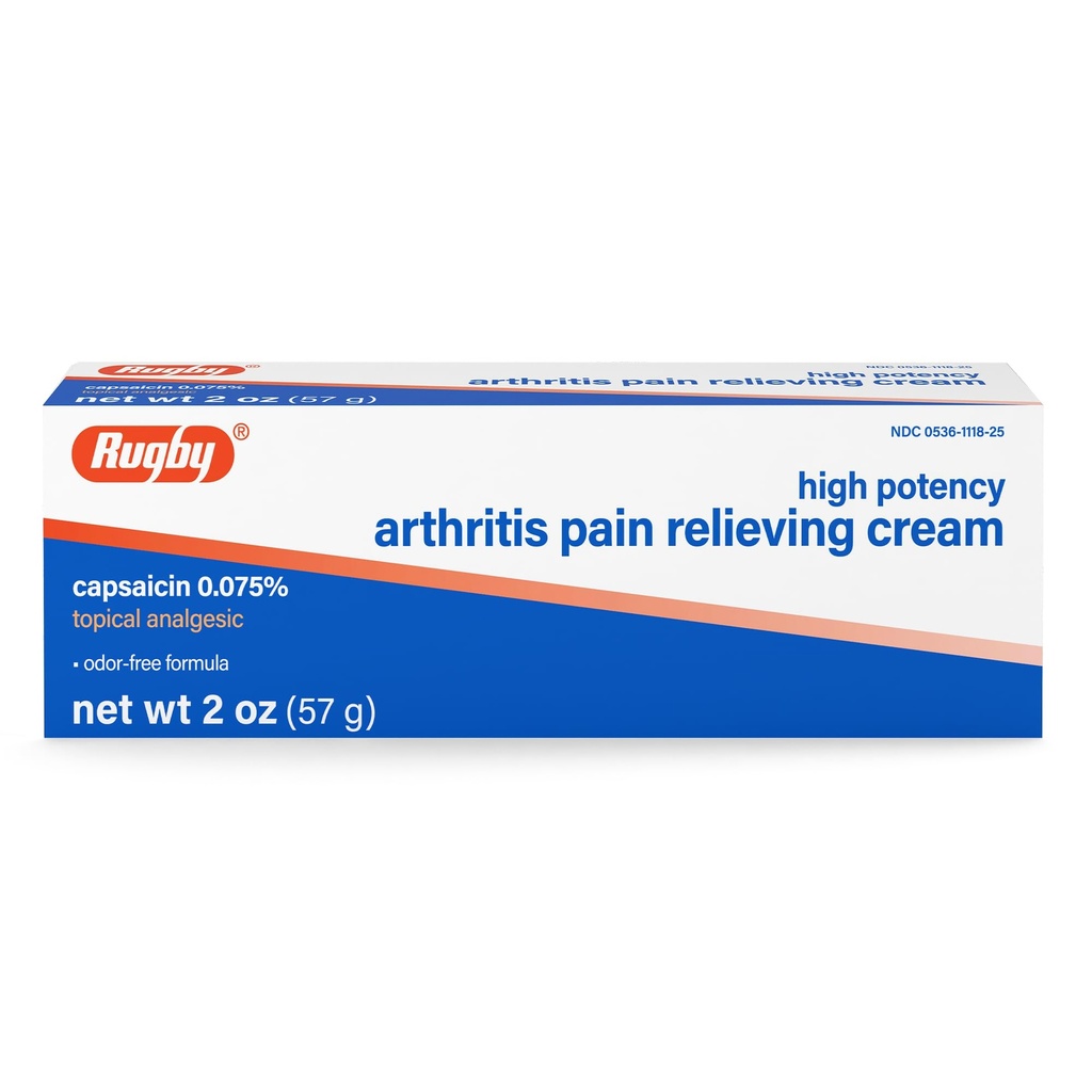 Rugby High Potency Capsaicin 0.075% Cream - Pain Relief Cream for Arthritis - 2 Oz (57g), (1 Pack)