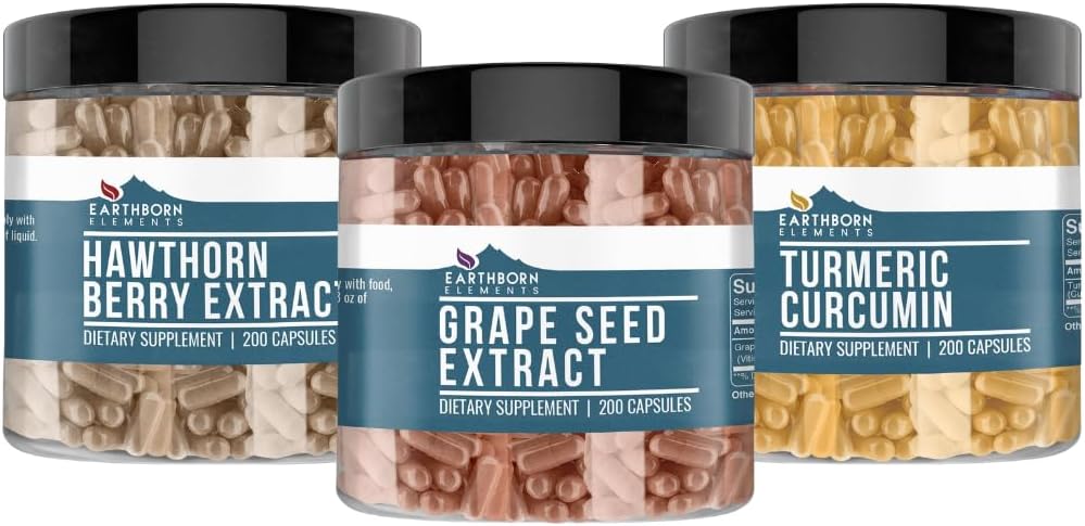 Earthborn Elements Grape Seed, Hawthorn Berry, & Turmeric Curcumin Capsule Bundle (200 Capsules Each), Pure & Undiluted, No Additives