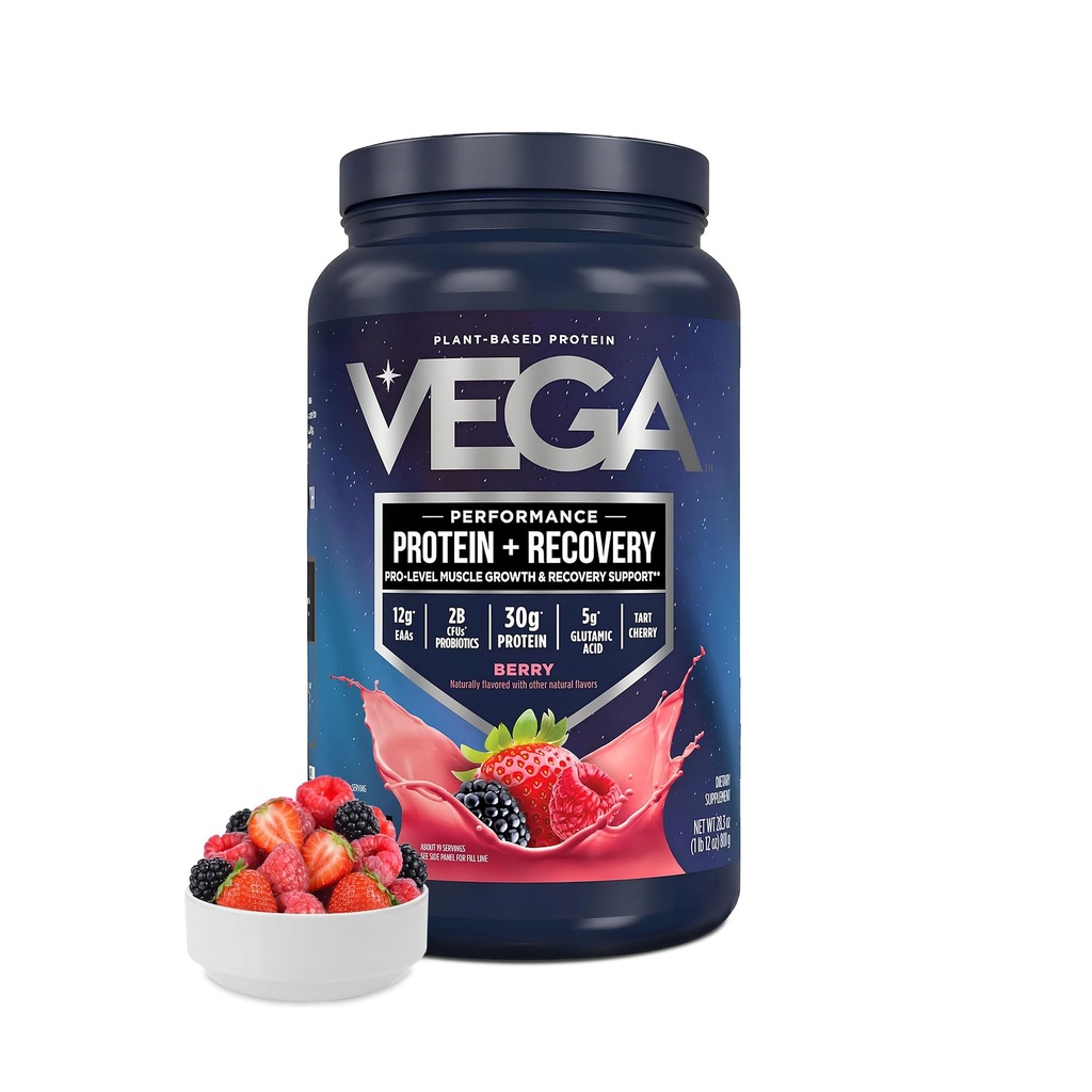 Vega Protein + Recovery, Berry – 30g Vegan Protein, Dairy & Gluten Free, Probiotics, NSF Certified, 28.8 oz (19 Servings)