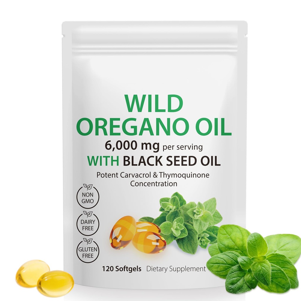 Daiasns Oil of Oregano Softgels - Wild Oregano Oil 6,000mg with Black Seed Oil 200mg Capsules, 120 Count, Potent Carvacrol & Thymoquinone, Non-GMO, Dairy Free, Gluten Free