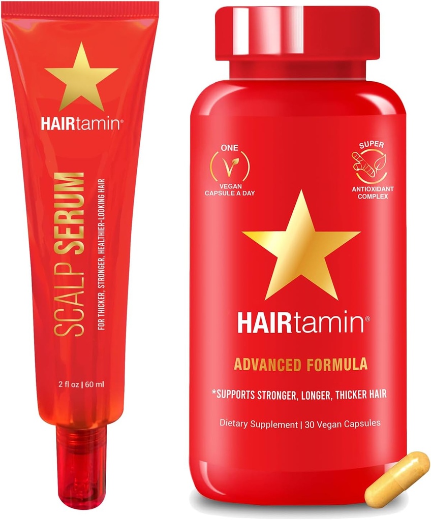 HAIRtamin Advanced Hair & Scalp Serum Pack | All-Natural Vegan Biotin Capsules & Serum Sample for Hair, Skin & Nail Growth