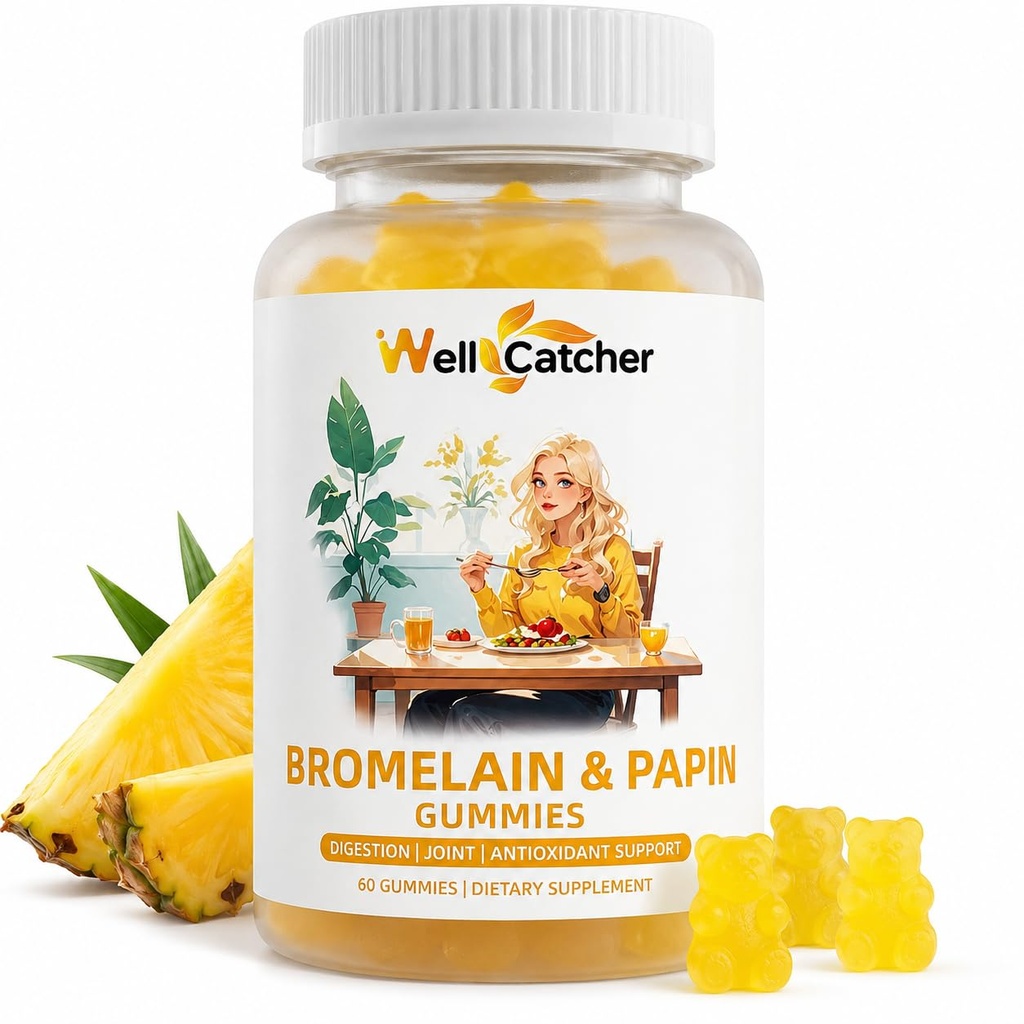 Bromelain Papain Enzyme Gummies: 500mg Bromelain with Quercetin, Papaya Enzyme, Turmeric & Vitamin C, Digestive Support Supplement for Adults Kids, Organic Sugar Free Vegan Pineapple Flavor 60 Count