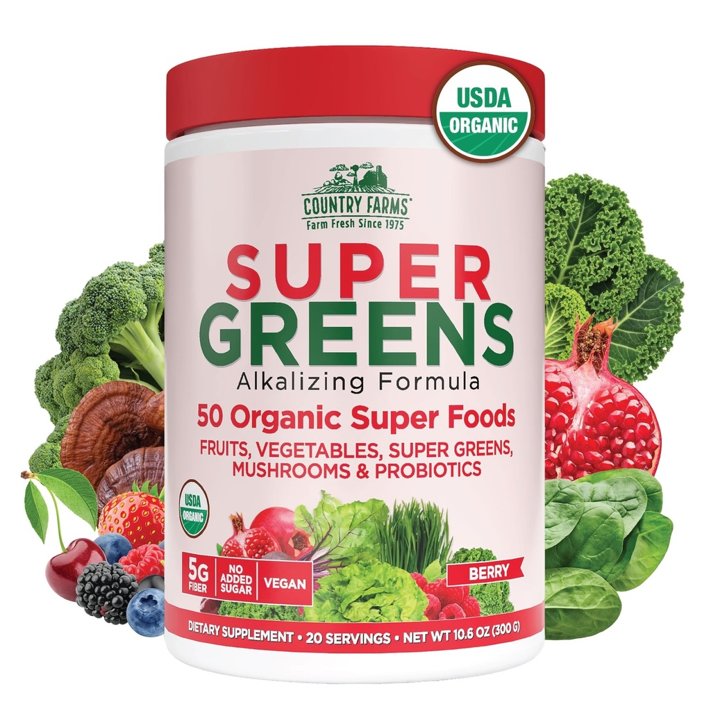 Country Farms Organic Super Greens Berry Flavor, 50 Organic Super Foods, Packed with Fiber, USDA Organic Drink Mix, Fruits, Vegetables, Mushrooms & Probiotics, Supports Energy, 5g Fiber