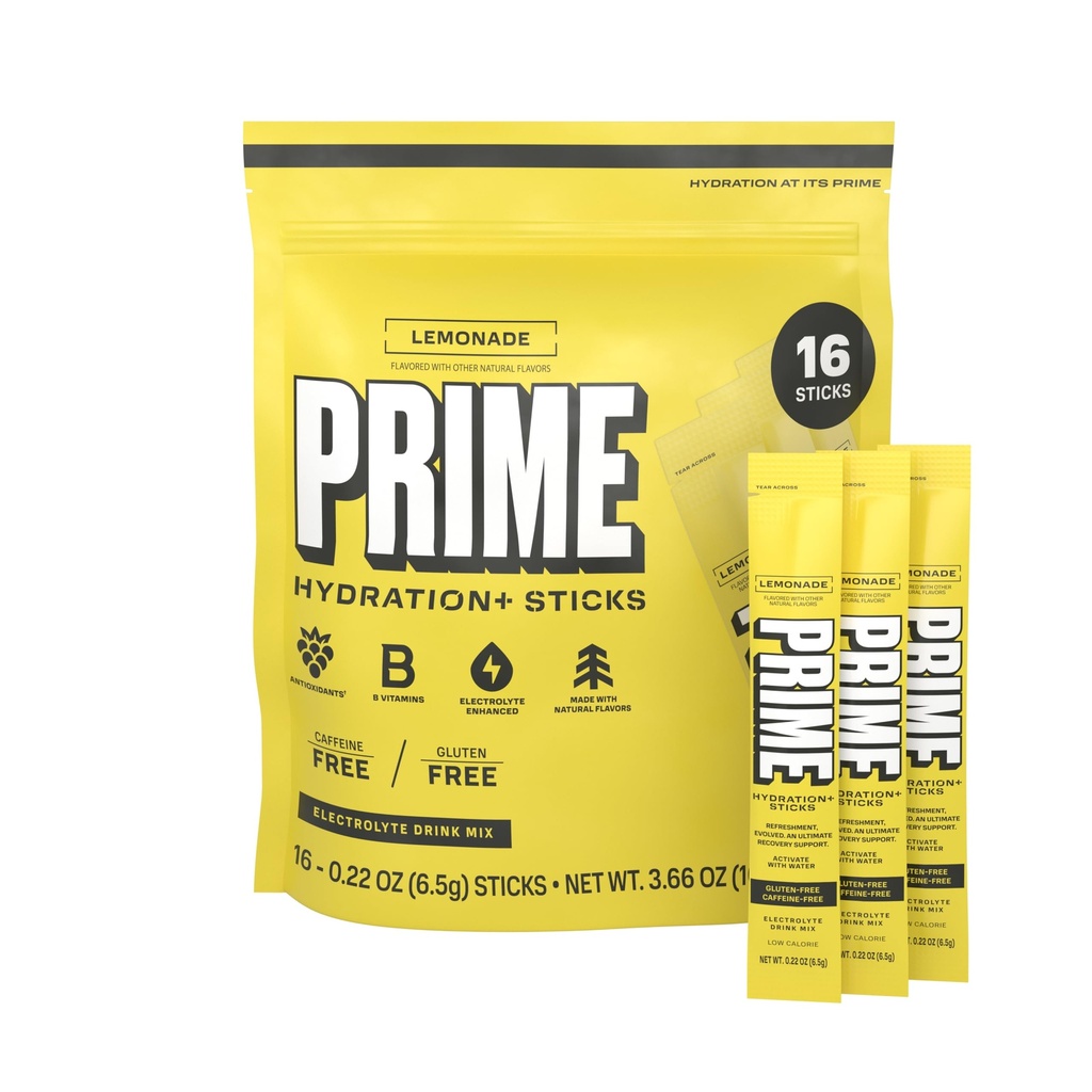 PRIME HYDRATION+ Electrolyte Powder Sticks, Lemonade, Sugar Free Hydration Drink Mix with Potassium, Magnesium & B Vitamins to Replenish Fluids, Caffeine Free, 16 Count
