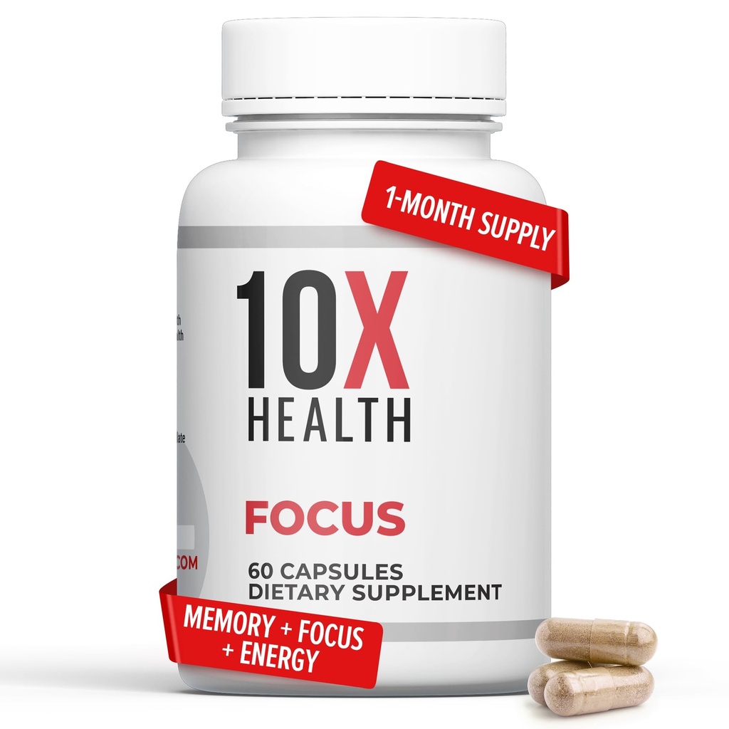 10X Health Focus Rhodiola Rosea - Brain Supplements for Memory and Focus - 60 Capsules Focus Supplement, Memory Supplement for Brain Health with Ginkgo Biloba, Huperzine A - Ginkgo Biloba Capsules