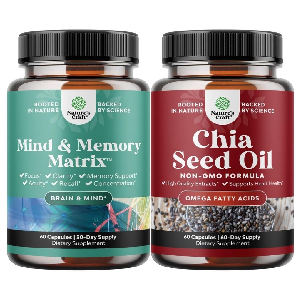 Bundle of Advanced Brain Supplement with Nootropics for Memory, Focus, Clarity, Energy and Chia Seed Oil Extract Capsules with Plant Based Omega 3 6 9 and Fiber for Heart, Digestive & Immune Support