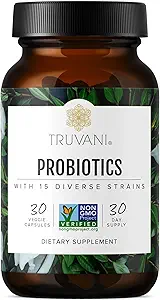 Truvani Probiotic Supplement | 30 Servings | 15 Billion CFU | 15 Diverse Strains for Digestive, Immune & Brain Health Support | Shelf-Stable Vegan Capsules | Non-GMO, No Fillers