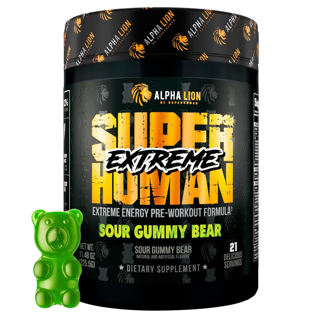 ALPHA LION Superhuman Extreme High Stim Pre Workout Powder, Beta Alanine, L-Taurine & 356mg Tri-Source Caffeine for Sustained Energy, Nitric Oxide & Citrulline for Pump (21 Servings, Sour Gummy Bear)