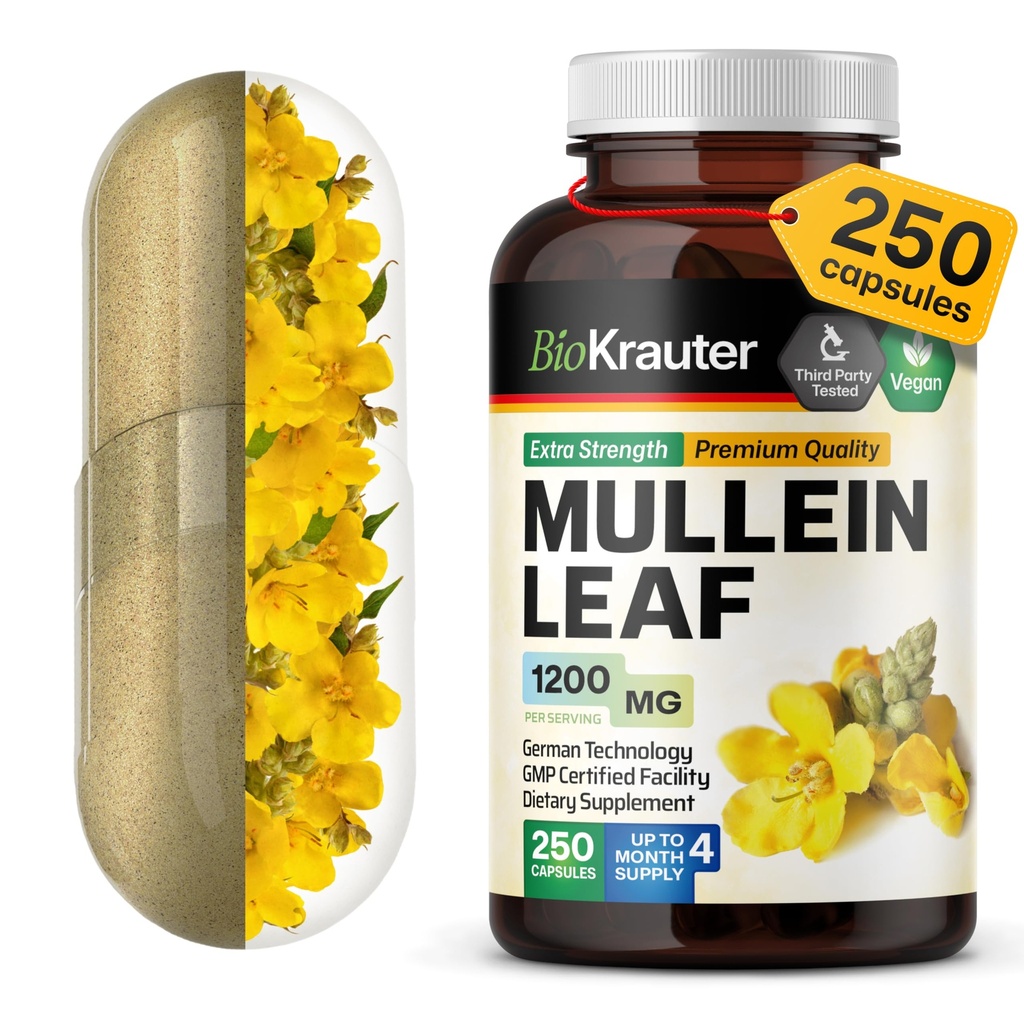 BIO KRAUTER Mullein Capsules 1200 mg 250 Caps - Pure Vegan Mullein Leaf Extract for Lungs - 125 Days of Supply - Lung Cleanse & Respiratory Support Supplements - No Fillers, Non-GMO
