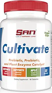 SAN's Cultivate Prebiotic-Probiotic, Multi-Strain Probiotics & Synergistic Prebiotics with Digestive Enzymes - Designed for Digestive Health, Supporting Gut Microbiome - for Women & Men, 96 Capsules