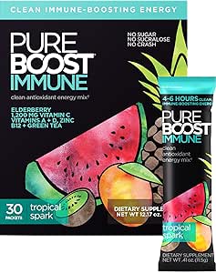 Pureboost Immune Clean Energy Booster, Refreshing Energy Drink Mix and Immunity Supplement with Elderberry, 1,200 mg Vitamin C, Vitamins A + D, and Zinc. (Tropical Spark, 30 Count)
