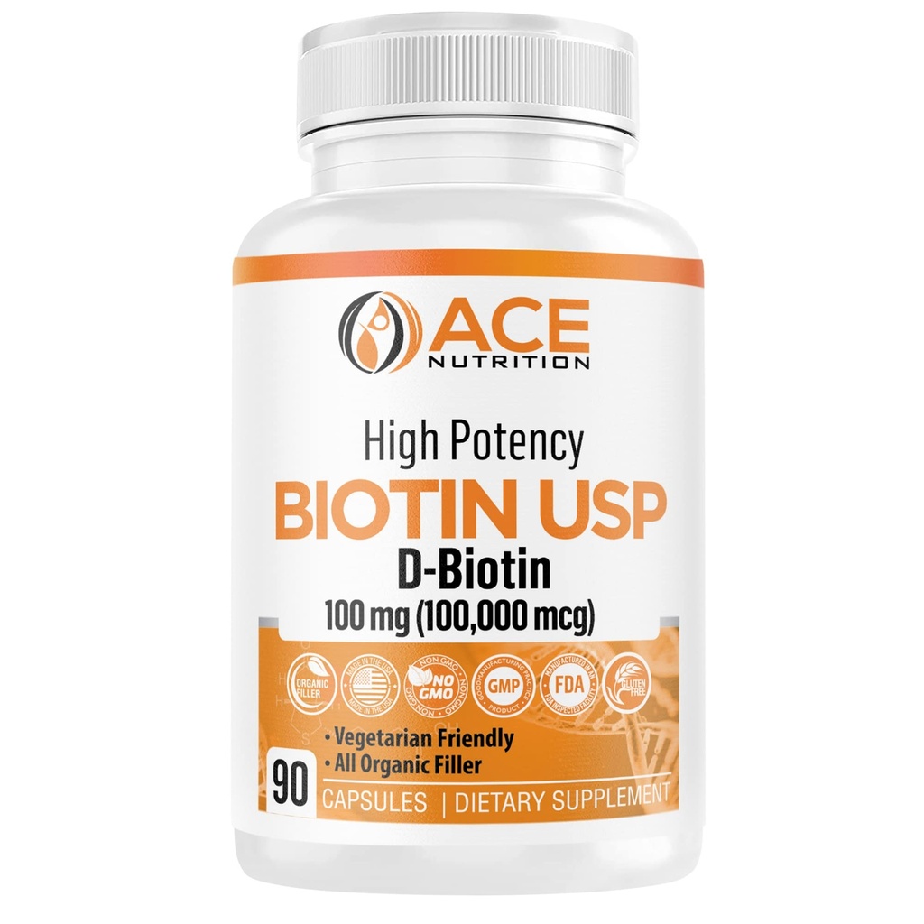 High Potency Biotin USP (D-Biotin 100,000mcg) - Superior Biotin, Organic Rice Flour, Vegetarian Capsules For Hair, Skin, & Myelin Health, Made in the USA (100mg/90 Capsules)