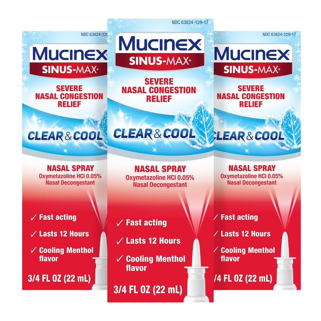 Mucinex Sinus-Max Nasal Spray Decongestant, 12 Hour Over-The-Counter Medication Nose Spray for Sinus Relief, Nasal Decongestants for Adults, Cooling Menthol, 0.75 Fl Oz (Pack of 3)