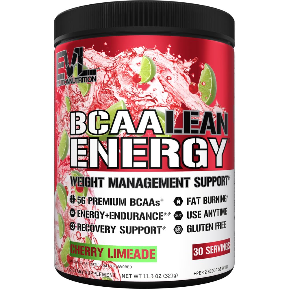 EVL BCAA Lean Energy Powder - Pre Workout Green Tea Fat Burner Support with BCAAs Amino Acids and Clean Energizers - Post Workout Recovery Drink for Lean Muscle Recovery - Cherry Limeade
