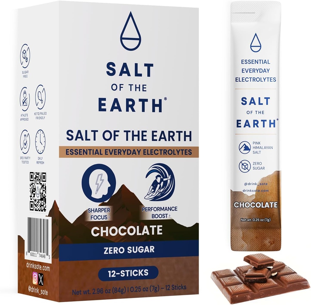 Salt of the Earth Premium Zero-Sugar Electrolyte - Made with Pink Himalayan Salt - Hydration Powder Packets | Premium Ingredients | Keto & Paleo Friendly | 12 Sticks, Chocolate