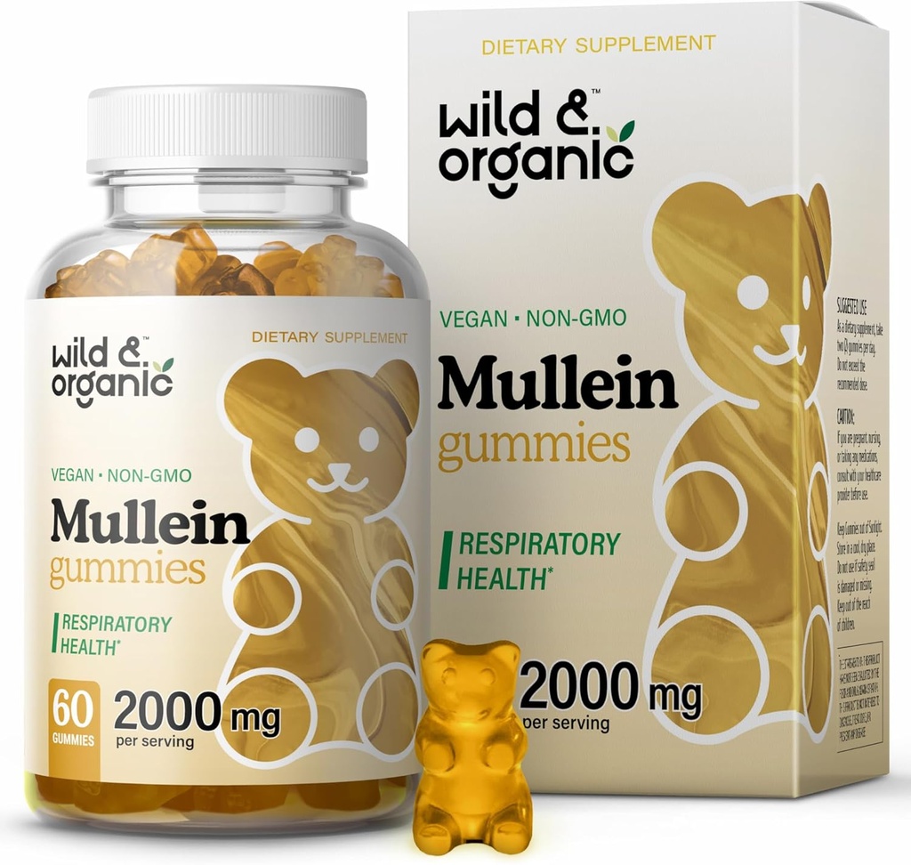 Wild & Organic Mullein Gummies for Lungs 2000mg - Lung Detox and Cleanse - Vegan Mullein Leaf Gummies for Immune Support - 60 Non-GMO Herbal Extract Chews