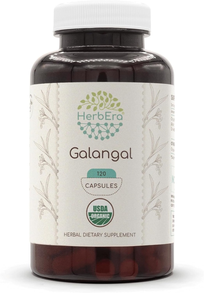 HerbEra Galangal 120 Capsules, 500 mg, USDA Organic Galangal (Alpinia Galangal) Dried Root (120 Capsules)