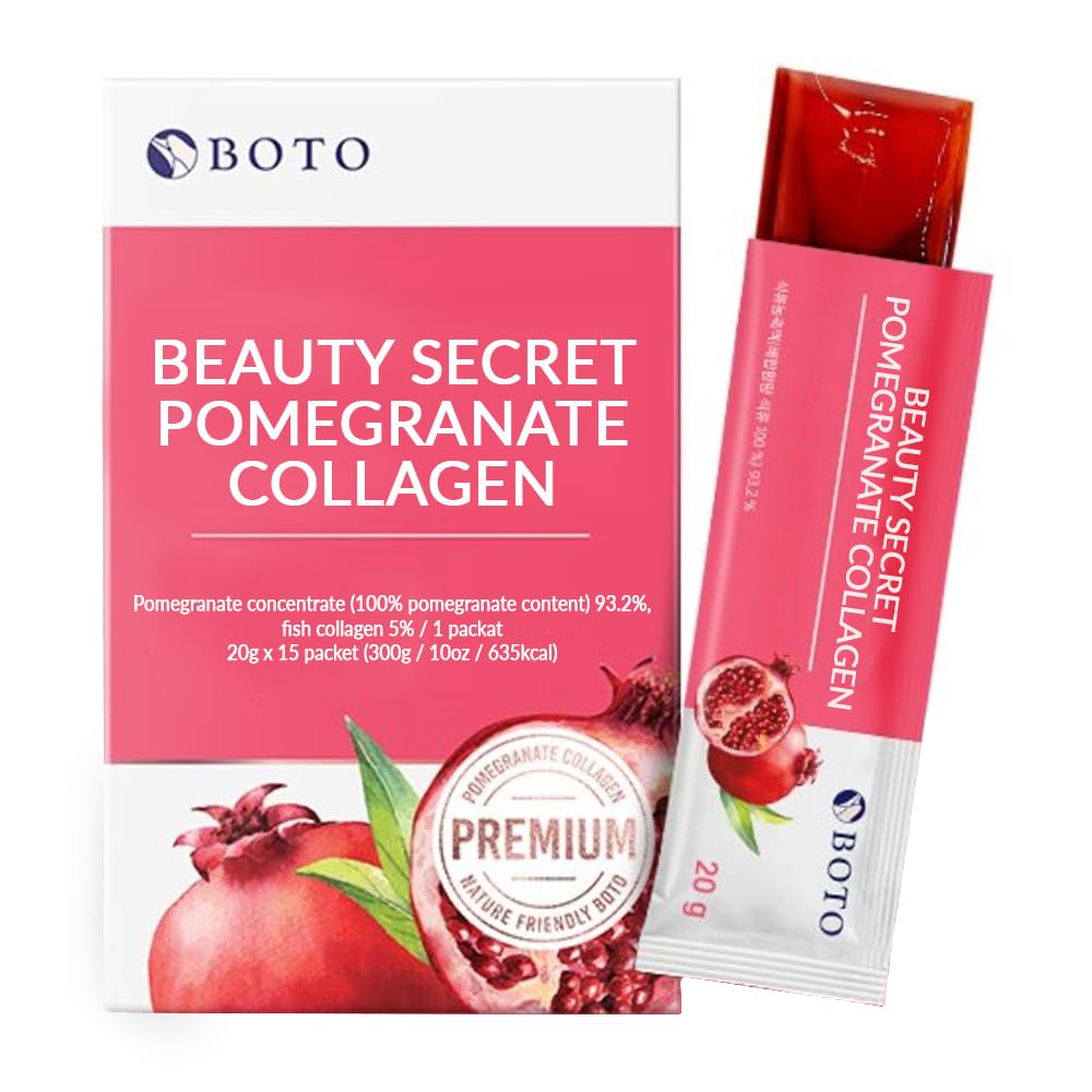 BOTO Beauty Secret Pomegranate Collagen 20g - Korean Beauty Collagen Jelly Stick, Low Molecular Fish Collagen, Pomegranate Flavored - Packs of 15