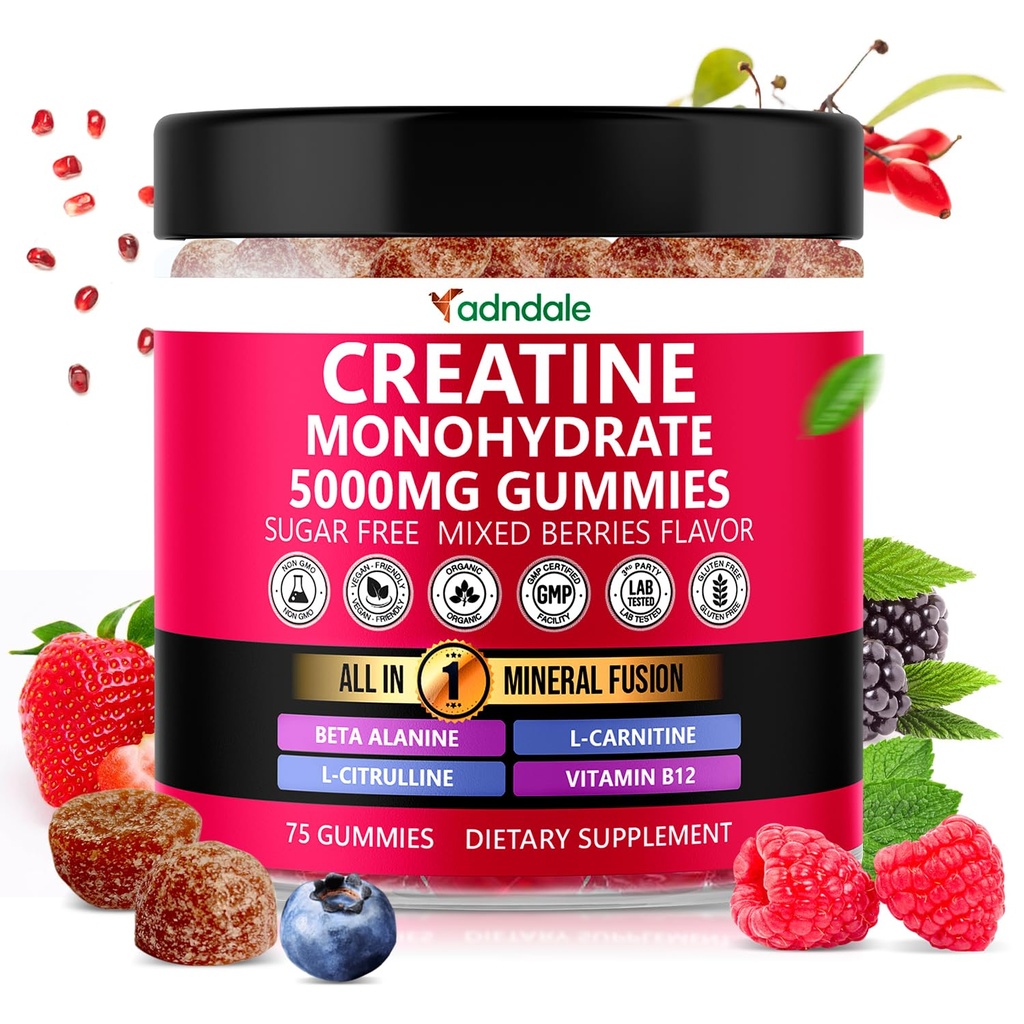 Adndale Creatine Gummies for Women & Men, 5000mg per Serving Creatine Monohydrate Supplement with Beta-Alanine, L-Citrulline & B12-75 Vegan Gummies. Sugar-Free