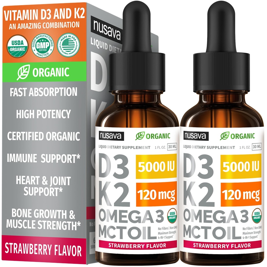 (2 Pack) Organic Vitamin D3 K2 Drops 5000 IU with MCT Oil Omega 3 — Liquid D3, No Fillers, Non-GMO, Immune Support (Strawberry, 2 Fl Oz)