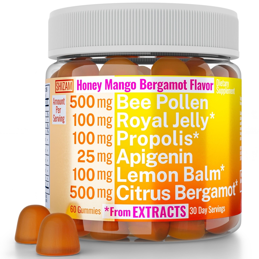 Bee Pollen Apigenin Citrus Bergamot Gummies w Organic Propolis Royal Jelly Honey Lemon Balm Extract, Supplement for Men Kids, Tincture Drops Powder Capsule Herb Capsules Supplements Alt, Pollan Polen