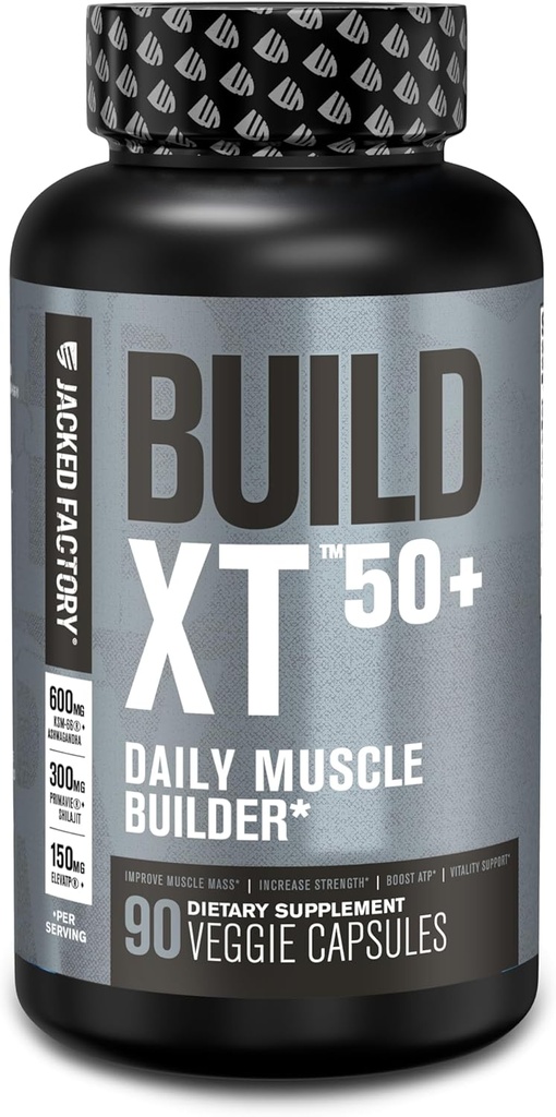 Jacked Factory Build-XT 50+ Daily Muscle Builder - Muscle Recovery Supplement & Muscle Builder for Men and Women with KSM-66 Ashwagandha, Primavie Shilajit, ElevATP, & Astragin - 90 Count