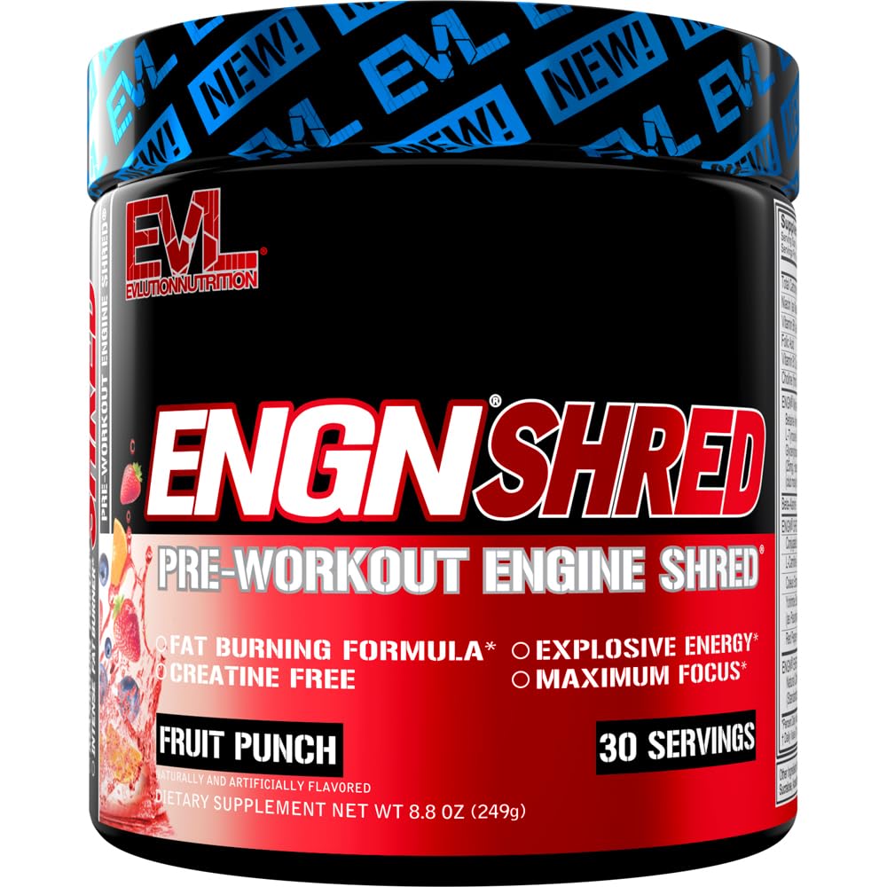 EVL Ultimate Pre Workout Powder - Thermogenic Fat Burn Support Preworkout Powder Drink for Lasting Energy Focus and Stamina - ENGN Shred Intense Creatine Free Preworkout Drink Mix - Fruit Punch