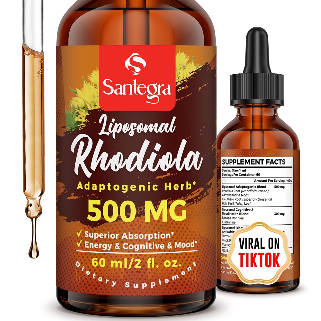 500 MG Liposomal Active Rhodiola Rosea Supplement with Ashwagandha, Liquid for High Absorption, Rhodiola Rosea Root Extract Tincture for Energy, Stress, Mood, Vegan, Sugar & Gluten-Free, 60 ml