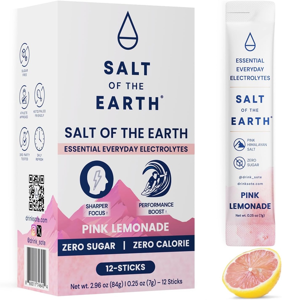 Salt of The Earth Premium Zero-Sugar Electrolyte - Made with Pink Himalayan Salt - Hydration Powder Packets | Premium Ingredients | Keto & Paleo Friendly | 12 Sticks, Pink Lemonade