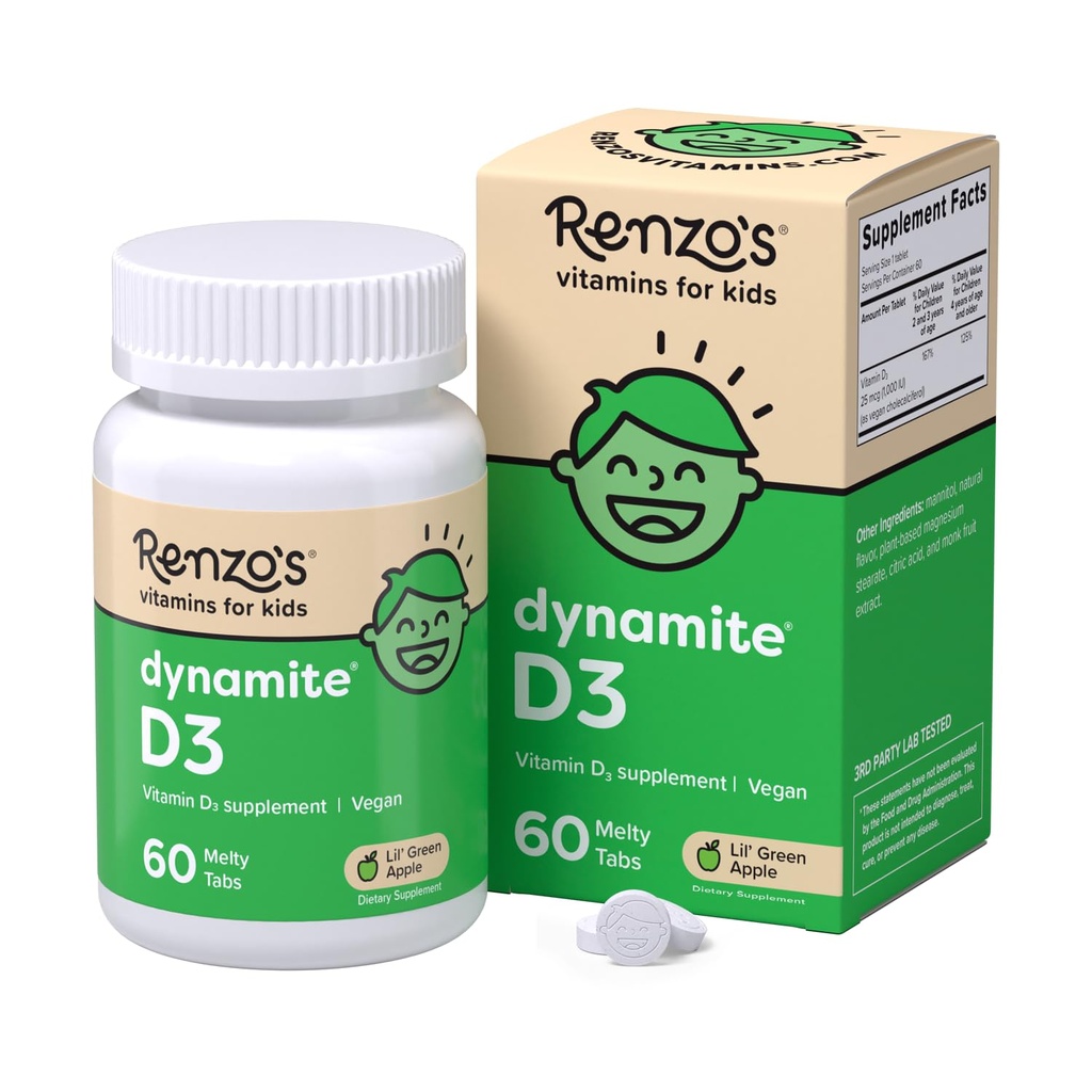 Renzo's Dynamite Vitamin D3, Dissolving Kids Vitamin D3, 60 Sugar-Free Melty Tabs, Lil’ Green Apple Flavored