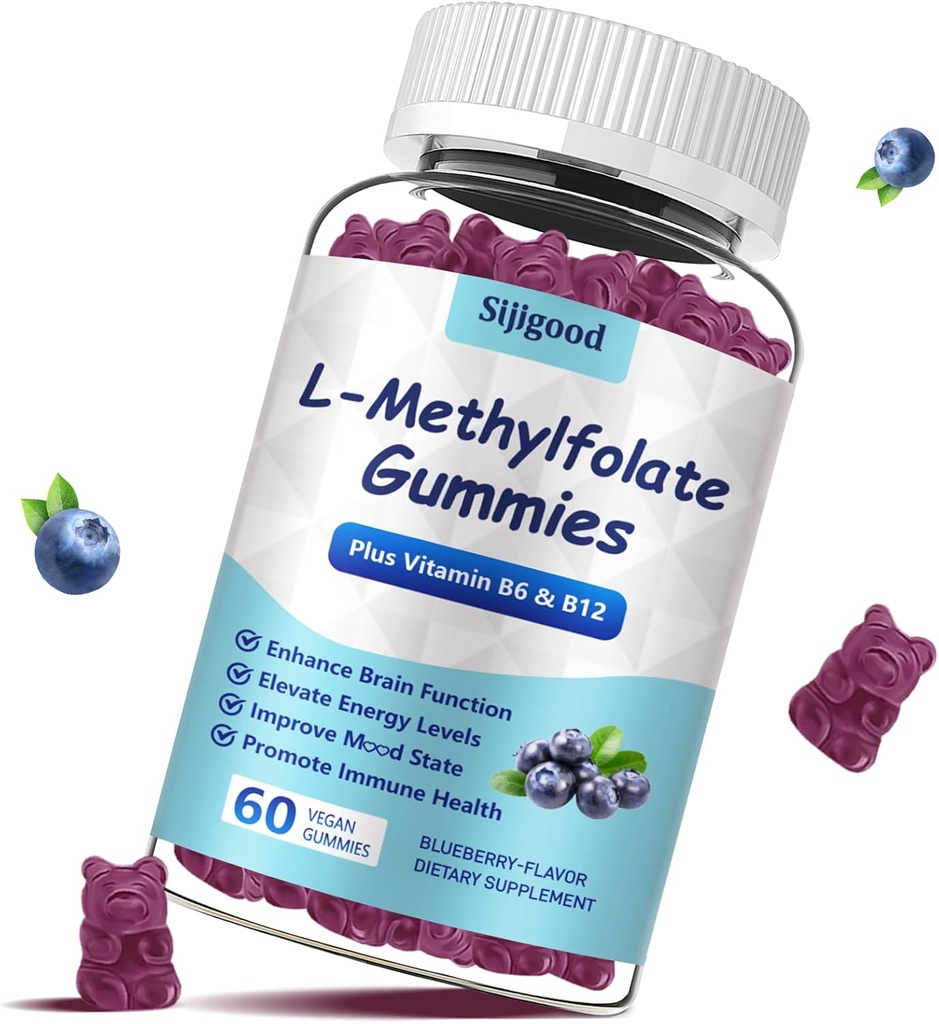 L-Methylfolate Gummies with Methyl B12 - Empower Mood, Optimize Brain Health & Fortify Immune System. Blueberry Flavor 60 Count.
