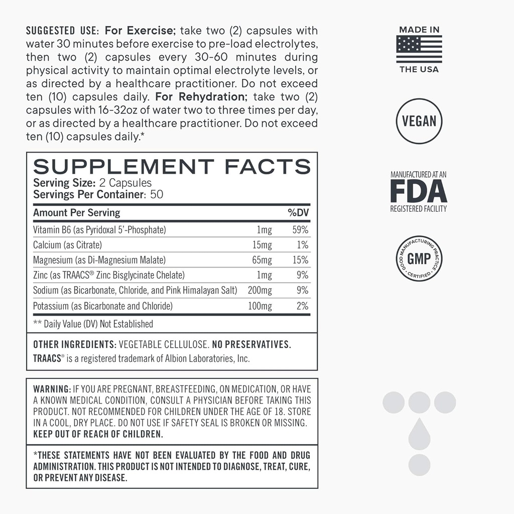 Electrolyte Capsules, Low Carb Natural Replacement Rehydration Salts with Magnesium, Zinc, Calcium, & Sodium (100ct)