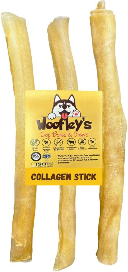Woofley's 12 Inch Pure Collagen Sticks for Dogs (3 Count) - Chews for Medium & Large Dogs - Bully Stick Rawhide Alternative