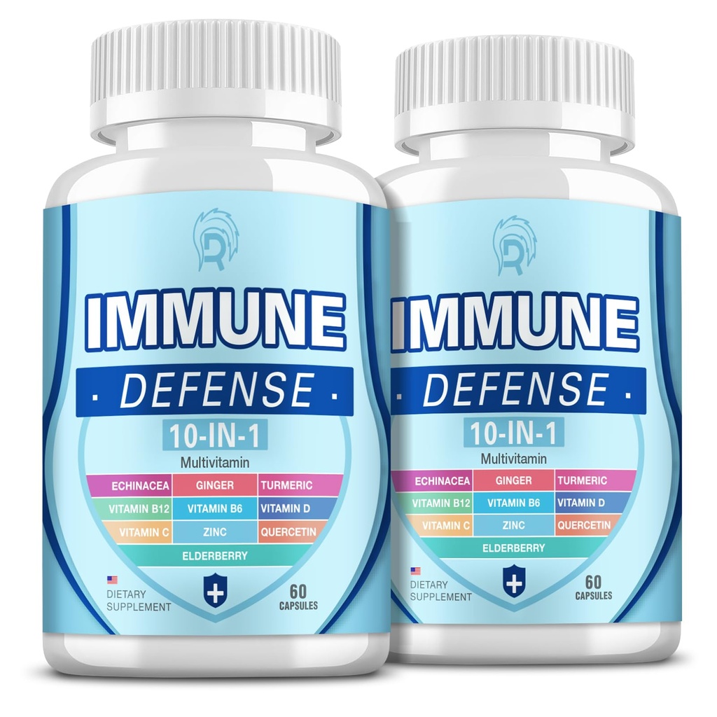 Immune Support Supplement, 10-in-1 Immune Defence with Vitamin C,B6,B12,VIT D, Zinc, Echinacea Turmeric Elderberry Immune Boosters for Adult - 120 Capsules(2 Pack)