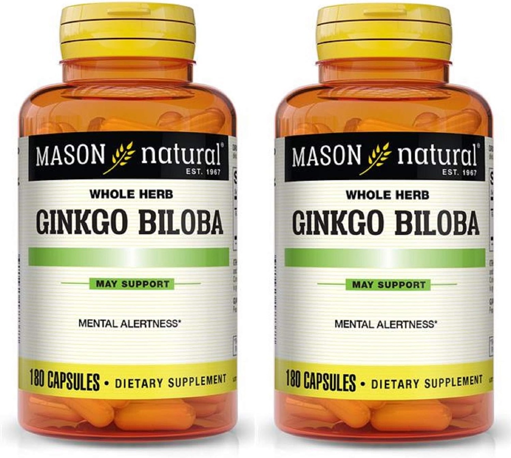 Mason Vitamins Ginkgo Biloba 500 mg 180 Gelatin Capsules per Bottle, Pack of 2 Bottles Total 360 Capsules