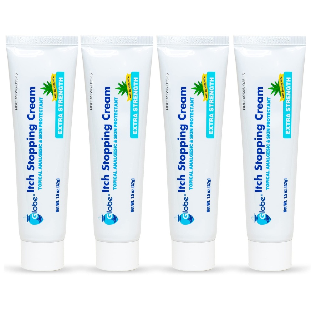 (4 Pack) Globe Extra Strength Itch Stopping Anti-Itch Cream 1.5 Oz with Histamine Blocker, Diphenhydramine HCl Topical Analgesic & Zinc Acetate Skin Protectant for Relief from Most Outdoor Itches