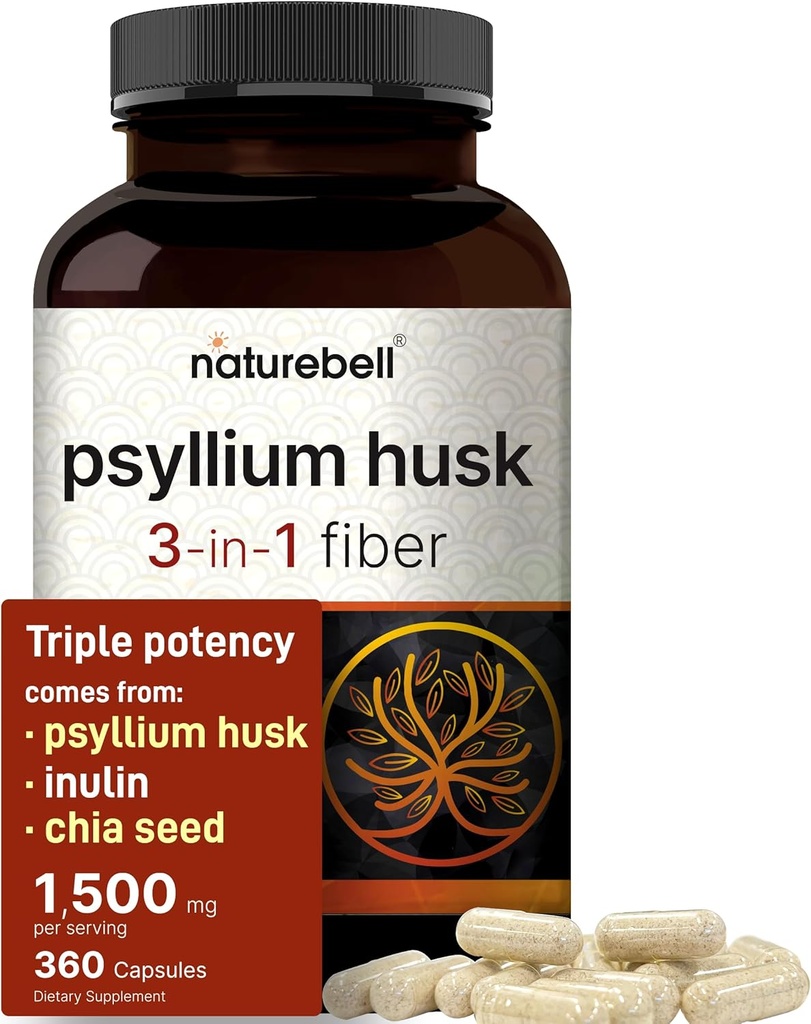 NatureBell Psyllium Husk Fiber Supplement, 1,500mg Per Serving, 360 Capsules | with Inulin & Chia Seed | Organic Soluble Fiber for Digestive & Gut Health | Plant-Based, Non-GMO, Gluten-Free