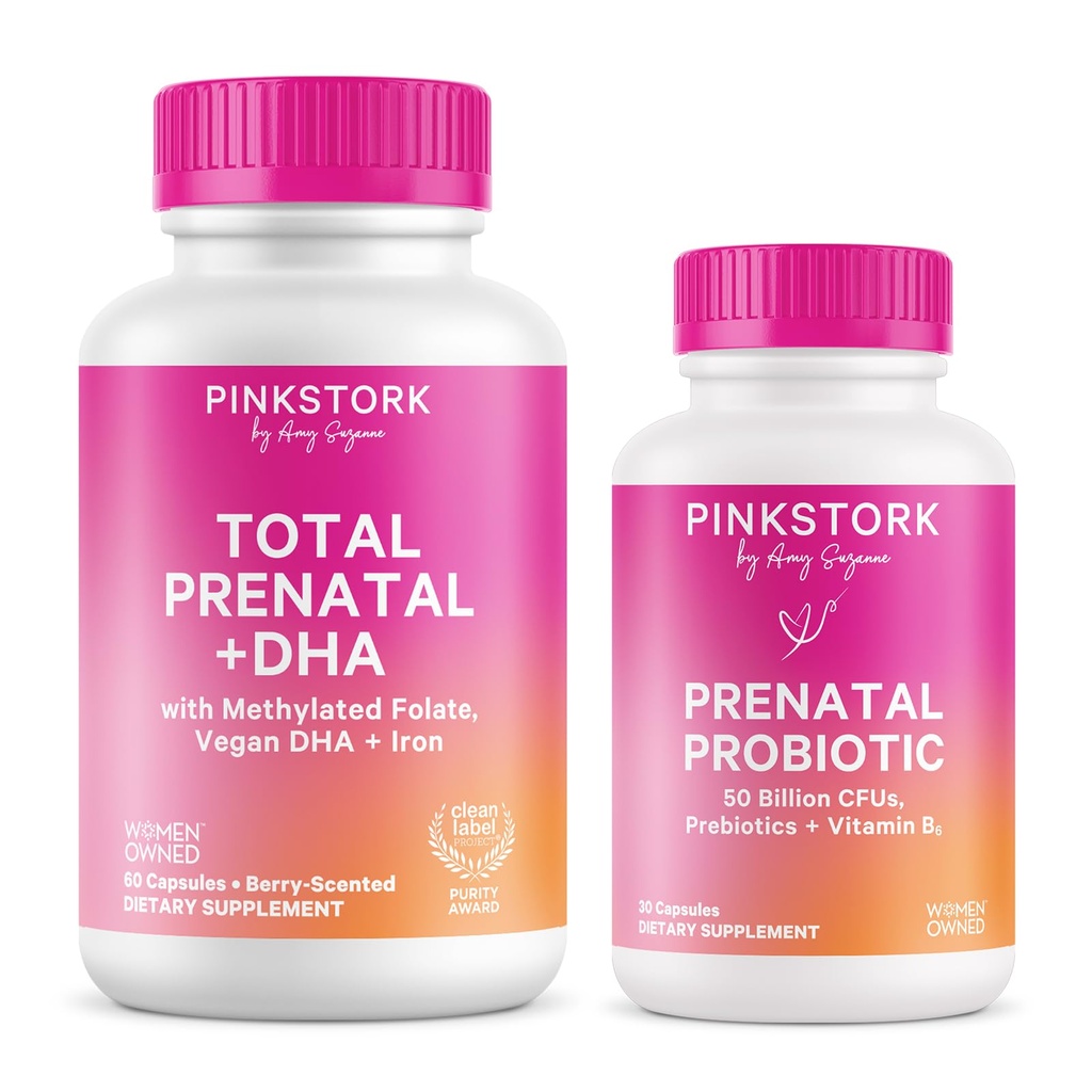 Pink Stork Prenatal Vitamin Duo: Prenatal Vitamins and Probiotics for Pregnant Women -Morning Sickness and Fetal Development Support with DHA, Folate, Vitamin B6, and More - 2 Products, 90 Capsules