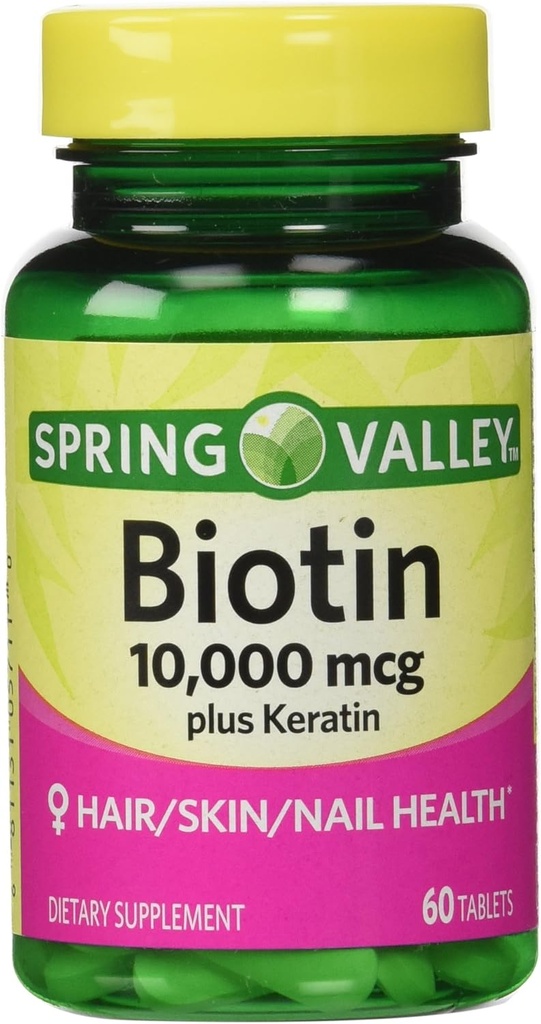 Spring Valley Biotin Dietary Supplement, 10,000 Mg With 100 Mg Keratin, 60 Tablets