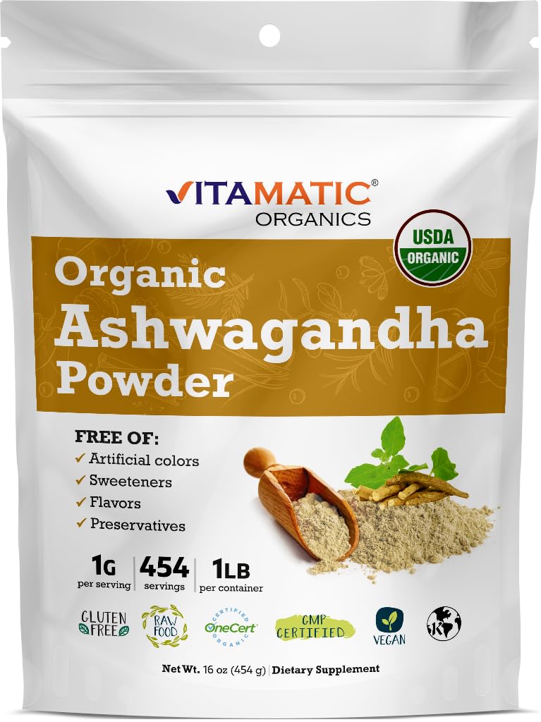 Vitamatic Certified USDA Organic Ashwagandha Powder – 1 lb (16 oz) Withania Somnifera | Ayurvedic Adaptogen for Stress Relief, Energy, Mood & Immune Support