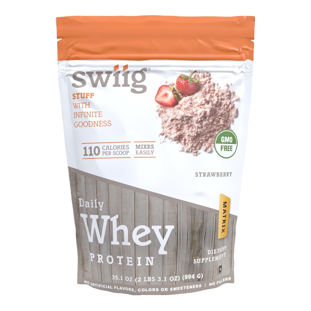 swiig Premium Daily Whey Protein Matrix Strawberry 2.2 lb – 20g Protein Gluten-Free Non-GMO No Fillers No Artificial Flavors Enhanced with Amino Acids for Muscle Recovery All Natural Formula