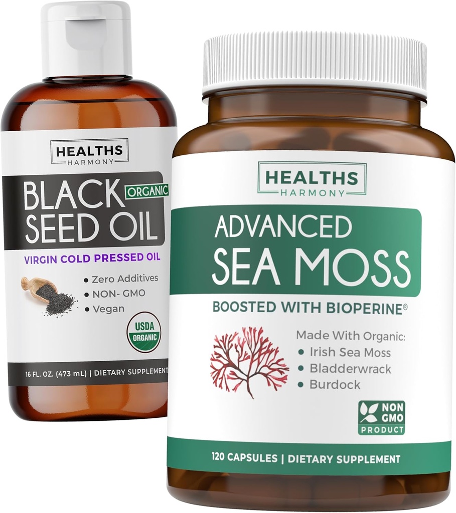 Black Seed Oil Liquid & Sea Moss (2-Month Supply) Sea & Seed Fusion Bundle - Black Seed Oil Liquid (16fl.oz) Premium Cold-Pressed Clack Cumin Seed Oil & Organic Irish Sea Moss with BioPerine - Vegan