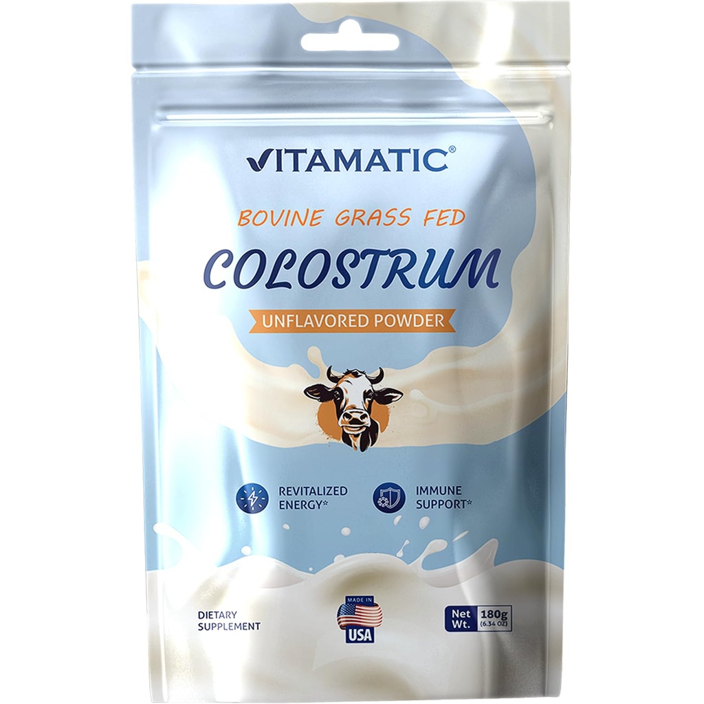 Vitamatic Bovine Colostrum 30% IgG Powder 180 gram (6.34 OZ) - Supplement for Gut Health, Hair Growth, Beauty, Muscle Recovery, & Immune Support - Easy to Mix - (Unflavored)