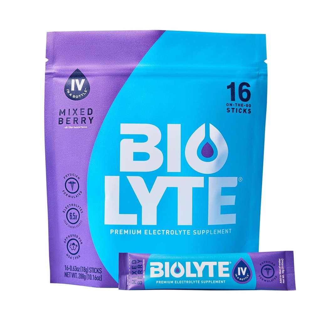 BIOLYTE IV Electrolyte Powder Packets, IV Liquid Drink Mix for Water, Doctor-Developed Hydration, HSA Approved Dehydration Relief, Chemotherapy Must Haves for Women & Men - Mixed Berry (16 Sticks)