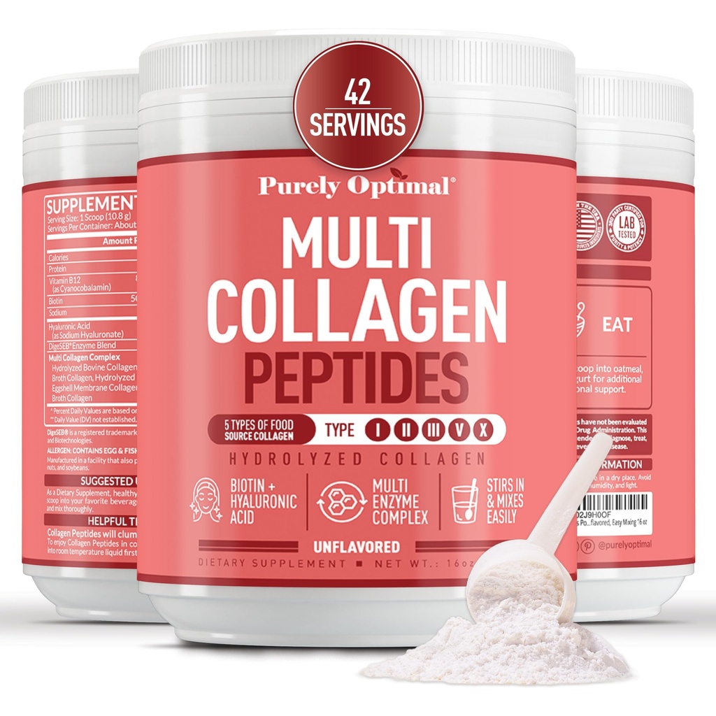 Purely Optimal Collagen Peptides Powder - 5 Types Hydrolyzed Collagen Peptides with Biotin, B12, & Hyaluronic Acid for Hair, Skin, Nails, Bones & Joints - Unflavored, Easy Mixing, 16oz, 42 Servings