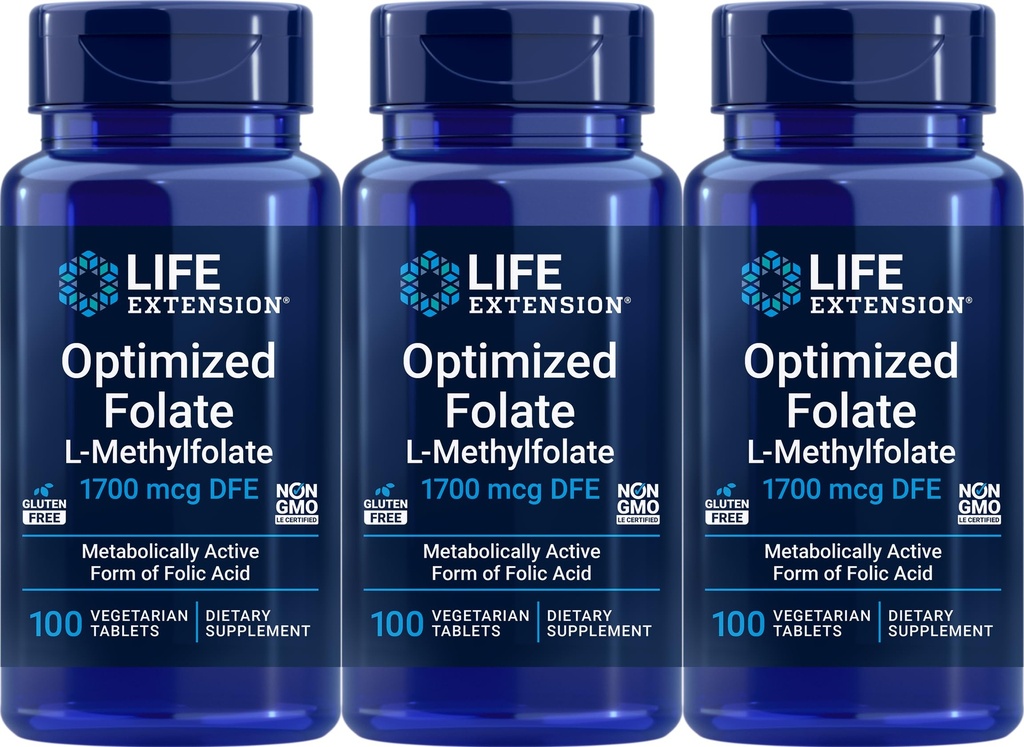 Life Extension Optimized Folate 1700 mcg DFE, 100 Vegetarian Tablets (Pack of 3)