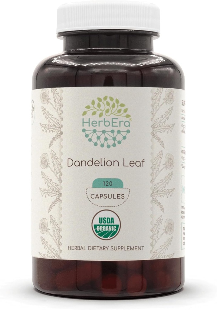 HerbEra Dandelion Leaf 120 Capsules, 500 mg, USDA Organic Dandelion (Taraxacum Officinale) Dried Leaf (120 Capsules)