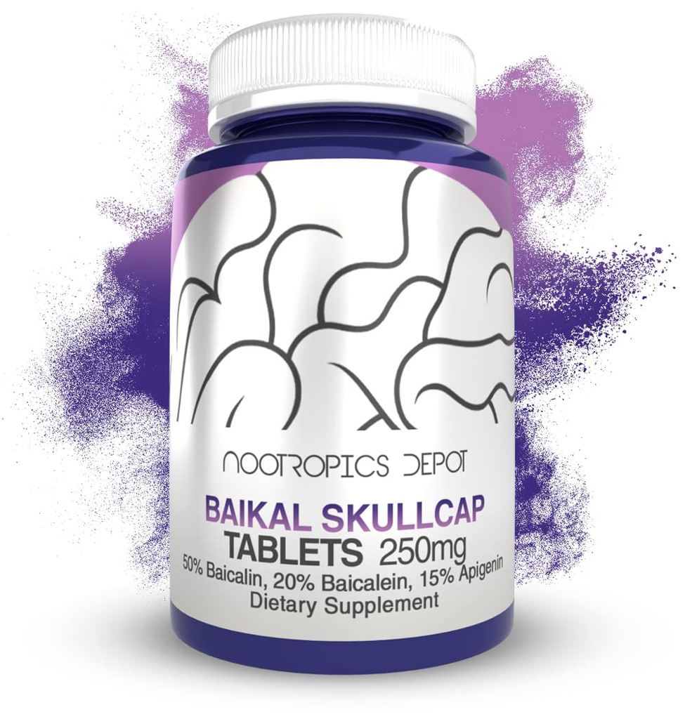 Nootropics Depot Baikal Skullcap Extract Tablets | 250mg | 120 Count | >15% Apigenin, >20% Baicalein, >50% Baicalin