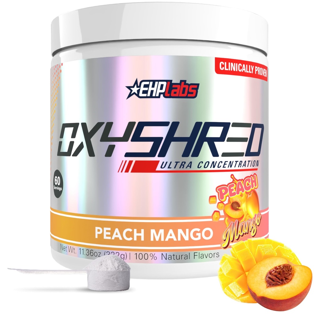 EHP Labs OxyShred Pre Workout Powder - Preworkout Powder with L Glutamine & Acetyl L Carnitine, Energy Boost Drink - Peach Mango, 60 Servings