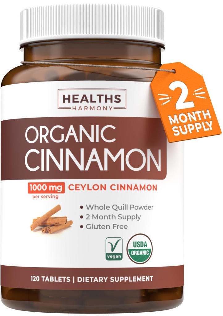 USDA Organic Ceylon Cinnamon Pills - High Potency Ceylon Cinnamon Supplement with 1000mg per Serving for Full Body Antioxidant Support - Vegan Non-GMO cGMP Made & Lab Verified (2 Months Supply)